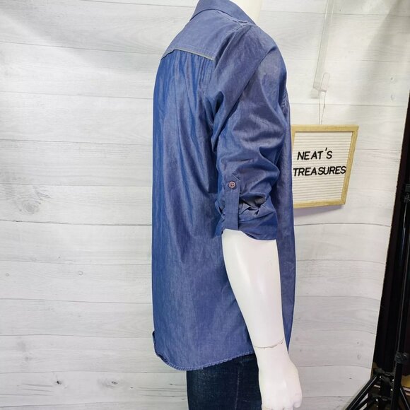 INC International Concept Macys Blue Roll Tab Sleeve Shoulder Tab Shirt Sz L NEW - Picture 5 of 12